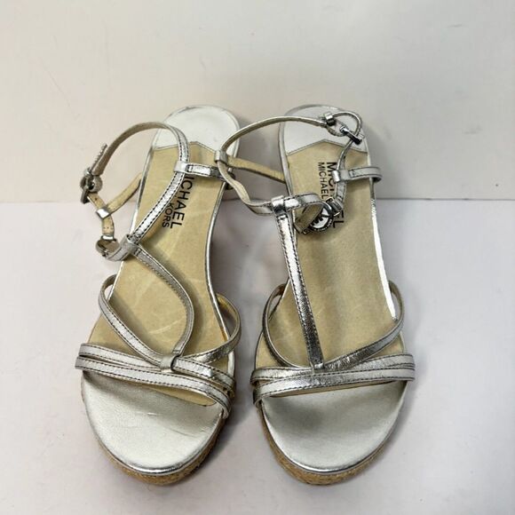 Michael Kors Shoes - Michael Kors Metallic Espadrille Wedge Sandals Silver Strappy Womens